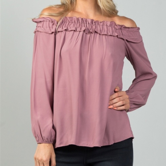 Hummingbird Tops - MAUVE OFF THE SHOULDER FRILLY TOP